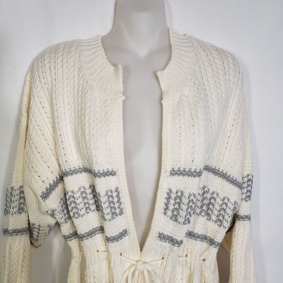 Apostrophe Womens Cardigan Sweater Large Pom Pom Cream Gray Tie Front 3/4 Sleeve - Picture 3 of 10